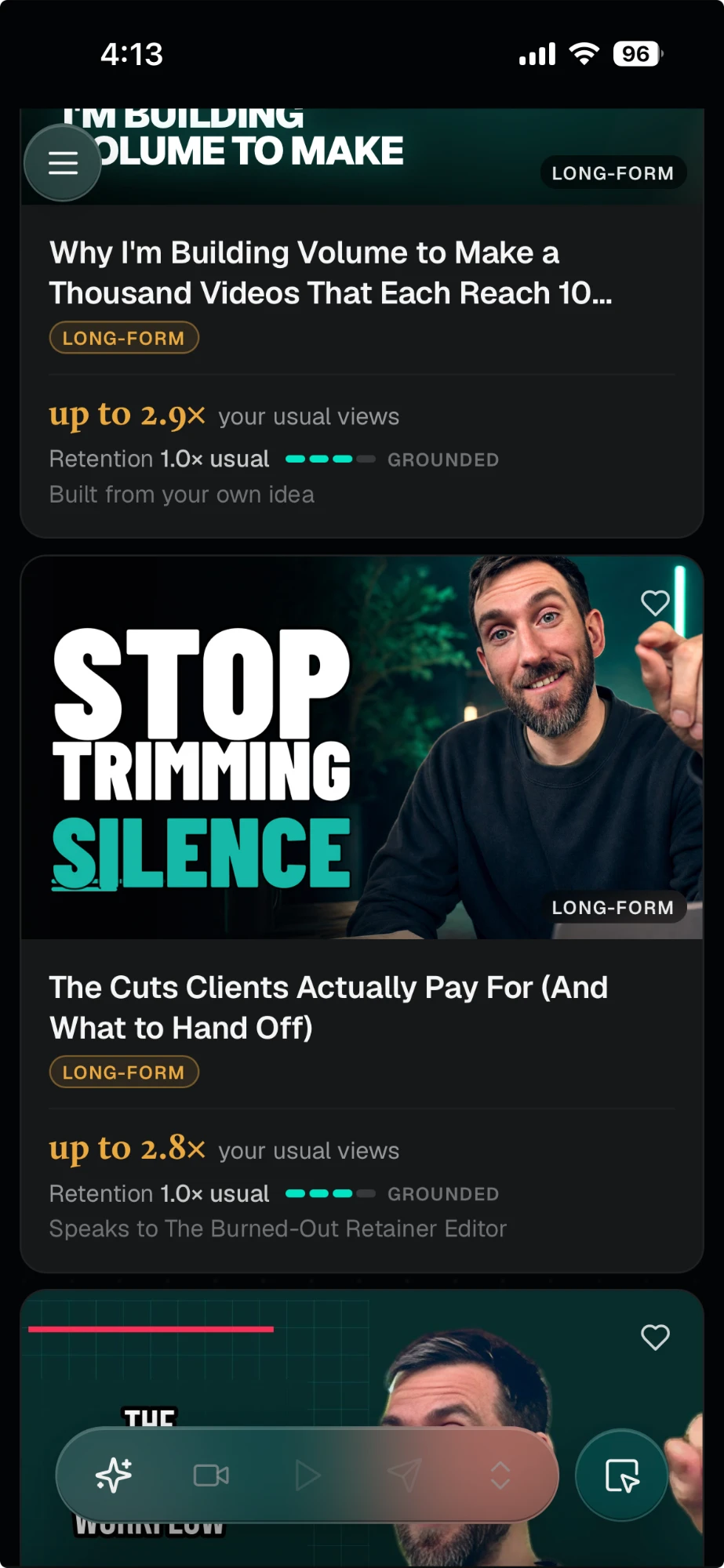 Volume Discover on mobile — opportunity cards with predicted views, retention confidence and ready-made thumbnails