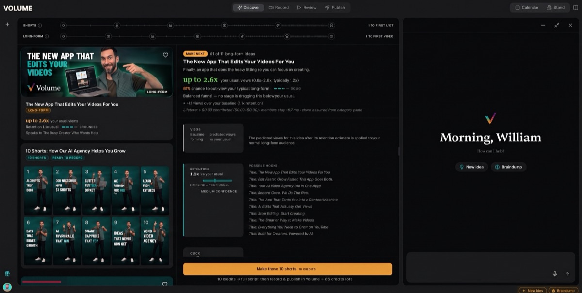 Inside Volume — the Discover tab with this week's scored opportunity cards, ten shorts ready to record, and the chat