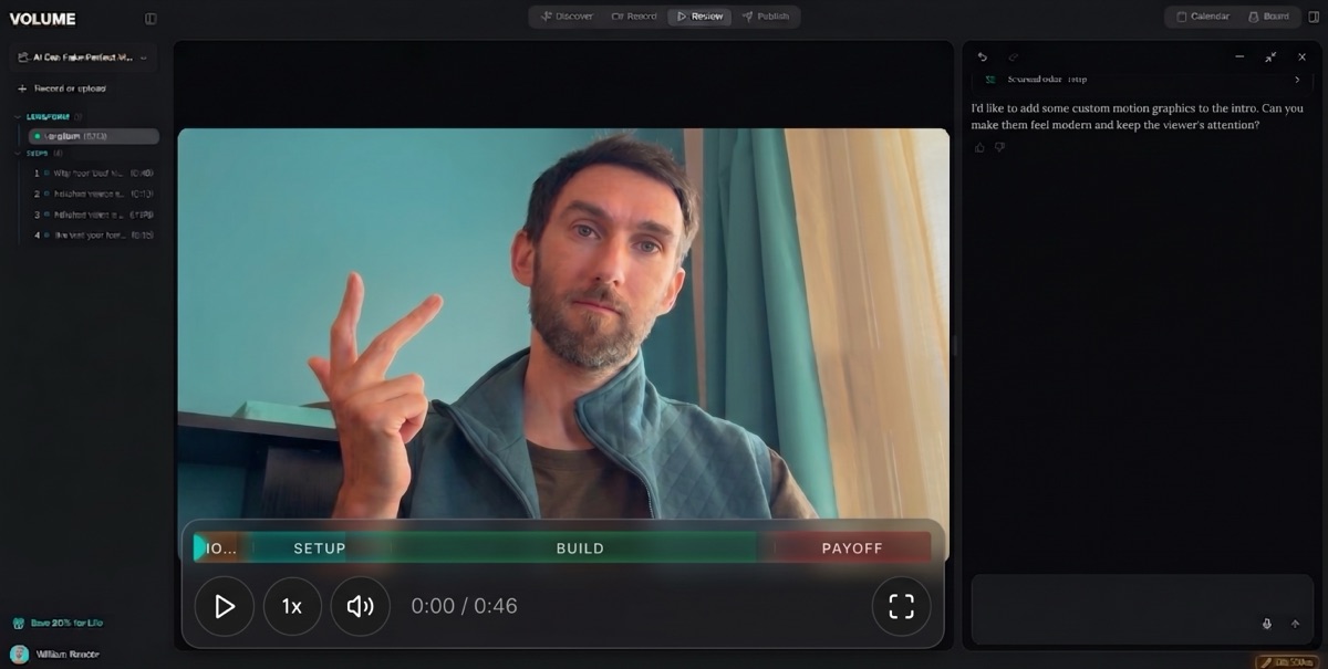 Volume Review — a finished edit with captions, grade and chat-driven changes